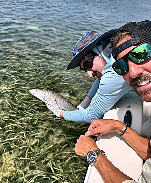 Releasing a bonefish over turtle grass on the Key West flats