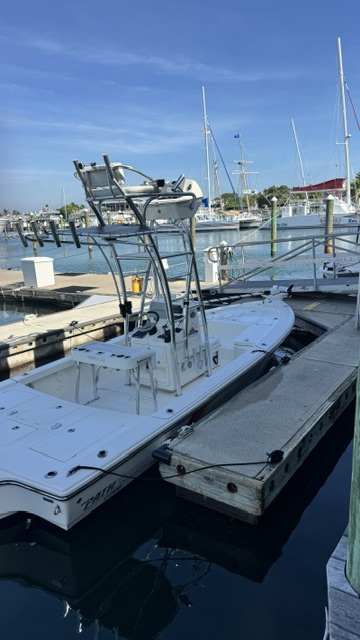 Pathfinder deck and tower in the marina slip