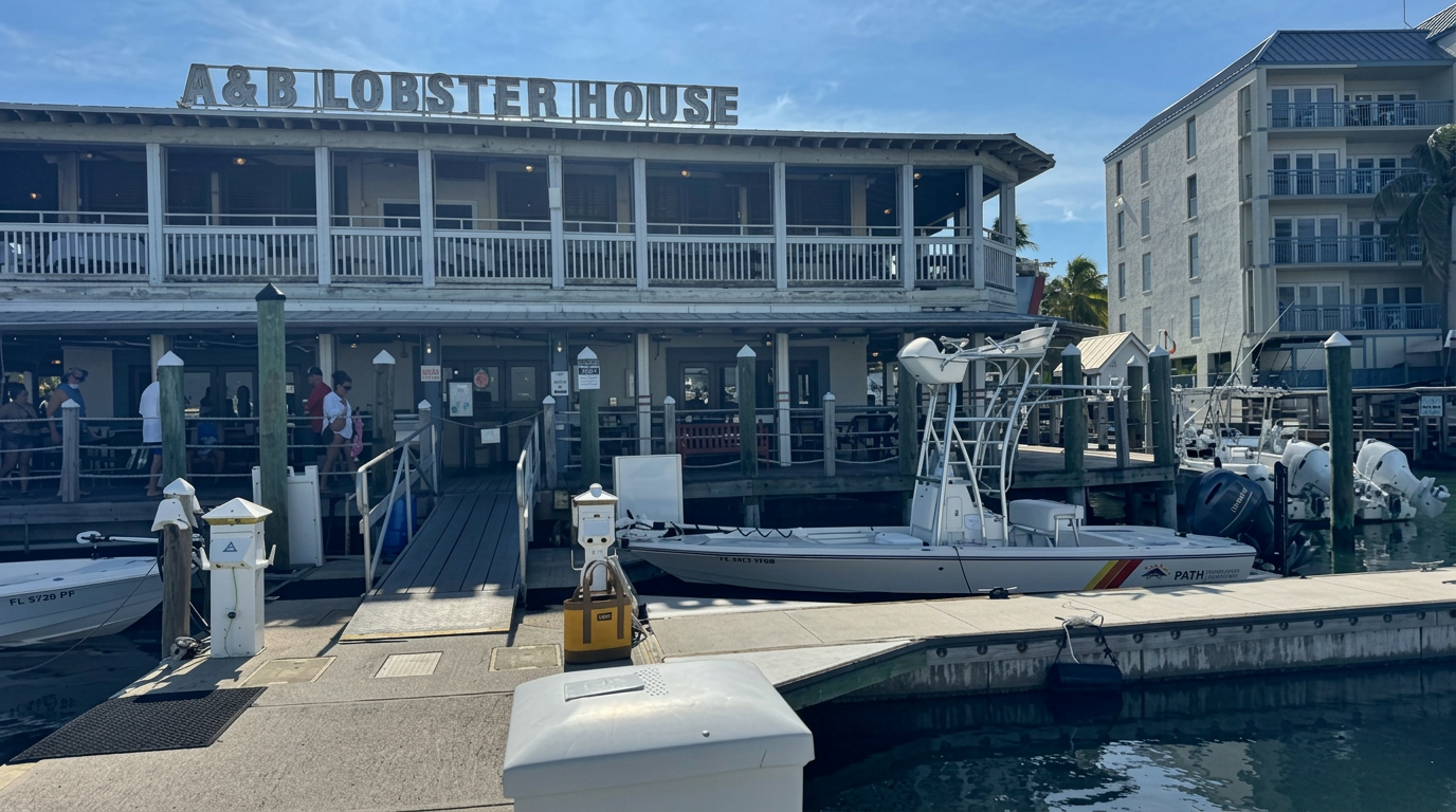 The Pathfinder 2300 HPS docked in front of the A&B Lobster House, Key West